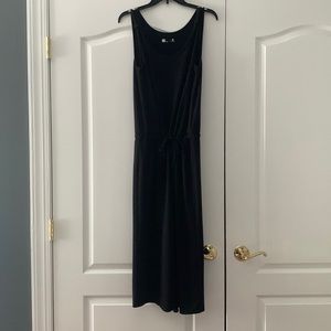 Wide leg black scoop neck jumpsuit with drawstring waist line